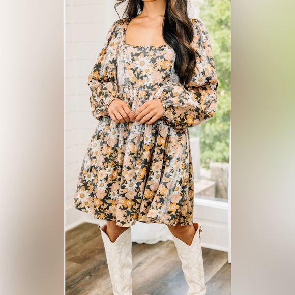 NWT Altar’D State Black Yellow Shiny Floral Baby Doll Dress Womens size XS - Picture 1 of 8